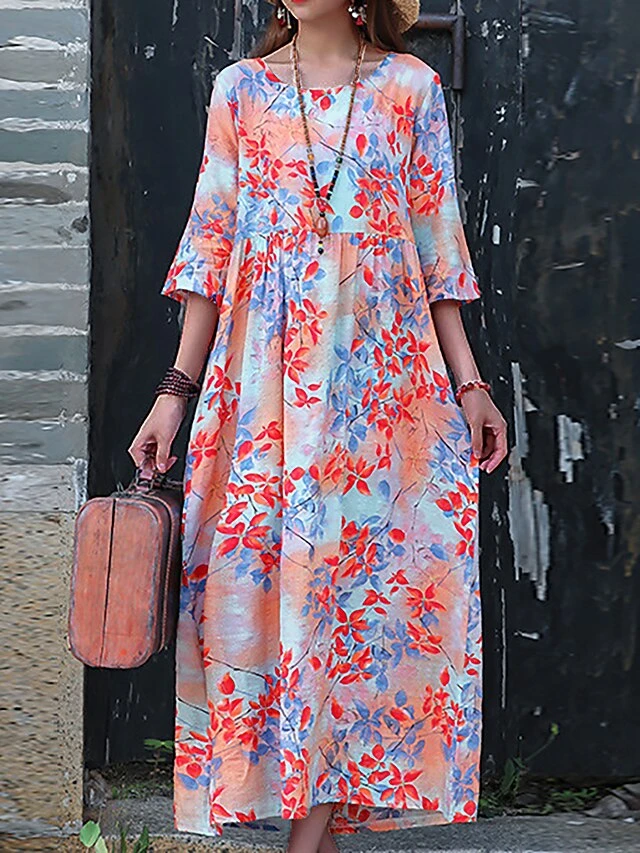 Women's Casual Dress Cotton Linen Dress Swing Dress Midi Dress Linen / Cotton Blend Sweet Style Modern Outdoor Daily Holiday Crew Neck Print 3/4 Length Sleeve Fall Winter Autumn 2023 Loose Fit Yellow 5 Women's Casual Dress Cotton Linen Dress Swing Dress Midi Dress Linen / Cotton Blend Sweet Style Modern Outdoor Daily Holiday Crew Neck Print 3/4 Length Sleeve Fall Winter Autumn 2023 Loose Fit Yellow - Image 5