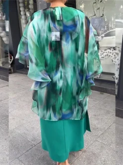 Women's Two Piece Dress Set Casual Dress Print Dress Outdoor Date Fashion Elegant Print Long Dress Maxi Dress Crew Neck 3/4 Length Sleeve Ombre Loose Fit Green Fall Winter S M L XL XXL -Party Prom Dresses Sales Store jmdztt1694501516626