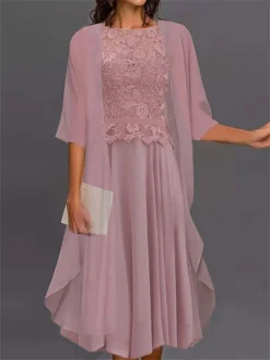 Women's Two Piece Dress Set Casual Dress Lace Dress Outdoor Daily Fashion Elegant Lace Embroidered Midi Dress Crew Neck 3/4 Length Sleeve Floral Regular Fit Pink Summer Spring S M L XL XXL