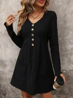 Women's Cotton Linen Dress Mini Dress Cotton Modern Style Casual Work Daily Vacation V Neck Button Long Sleeve Fall Winter 2023 Loose Fit Black Plain S M L XL