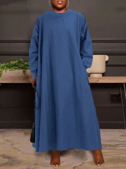 Women's Work Dress Shift Dress Semi Formal Dress Fashion Long Dress Maxi Dress Pocket Crew Neck Long Sleeve Plain Loose Fit Black Brown Light Blue Fall Winter S M L XL XXL -Party Prom Dresses Sales Store jnsqvh1694160322695