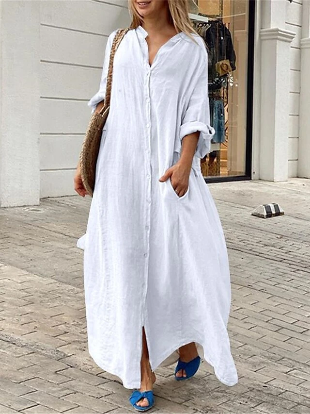 Women's Shirt Dress Casual Dress Cotton Linen Dress Maxi Long Dress Linen / Cotton Blend Basic Classic Outdoor Daily Vacation Shirt Collar Button Pocket 3/4 Length Sleeve Summer Spring Fall 2023 9 Women's Shirt Dress Casual Dress Cotton Linen Dress Maxi Long Dress Linen / Cotton Blend Basic Classic Outdoor Daily Vacation Shirt Collar Button Pocket 3/4 Length Sleeve Summer Spring Fall 2023 - Image 9