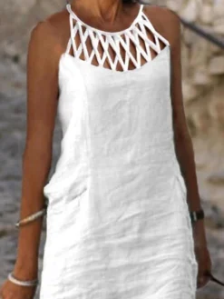 Women's Casual Dress Cotton Linen Dress Shift Dress Mini Dress Cotton Blend Modern Casual Outdoor Daily Vacation Halter Ruched Hollow Out Sleeveless Summer Spring 2023 Regular Fit Black White Blue -Party Prom Dresses Sales Store jnzmcp1677826417578