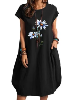 Women's Cotton Linen Dress Midi Dress Linen Cotton Blend Casual Outdoor Daily Vacation Crew Neck Pocket Rolled Cuff Short Sleeve Summer Spring 2023 Loose Fit Black White Navy Blue Floral S M L XL XXL -Party Prom Dresses Sales Store joatzw1654165016824