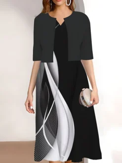Women's Two Piece Dress Set Casual Dress Print Dress Outdoor Daily Fashion Elegant Print Midi Dress V Neck Half Sleeve Geometric Color Block Regular Fit Black Pink Blue Summer Spring S M L XL XXL