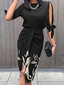 Women's Work Dress Sheath Dress Formal Dress Midi Dress Black Wine Dark Blue 3/4 Length Sleeve Floral Lace Up Summer Spring Crew Neck Work Party Office Vacation Loose Fit 2023 S M L XL XXL 3XL