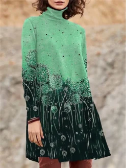 Women's Work Dress Casual Dress Swing Dress Fashion Winter Dress Daily Mini Dress Print Turtleneck Long Sleeve Dandelion Regular Fit Light Green Pink Blue Fall Winter S M L XL XXL -Party Prom Dresses Sales Store jpageh1694426125889
