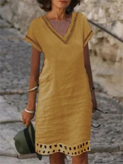 Women's Casual Dress Cotton Linen Dress Shift Dress Midi Dress Cotton Blend Fashion Basic Outdoor Daily Vacation V Neck Lace Up Hollow Out Short Sleeve Summer Spring 2023 Loose Fit Light Blue White -Party Prom Dresses Sales Store jprsrz1686212840544