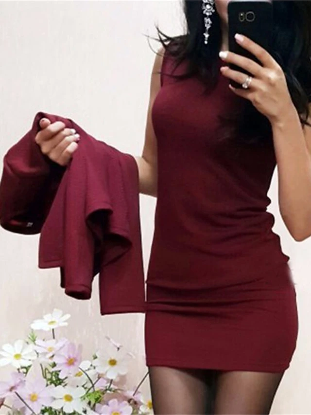 Women‘s Two Piece Dress Set Work Dress And Jacket Set Sheath Dress Office Work Work Elegant Patchwork Mini Dress Crew Neck Long Sleeve Plain Regular Fit Black Wine Green Summer Spring S M L XL XXL 2 Women‘s Two Piece Dress Set Work Dress And Jacket Set Sheath Dress Office Work Work Elegant Patchwork Mini Dress Crew Neck Long Sleeve Plain Regular Fit Black Wine Green Summer Spring S M L XL XXL - Image 2