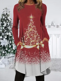 Women's Christmas Work Dress Casual Dress Fashion Winter Dress Daily Midi Dress Pocket Print Crew Neck Long Sleeve SnowmanTree Regular