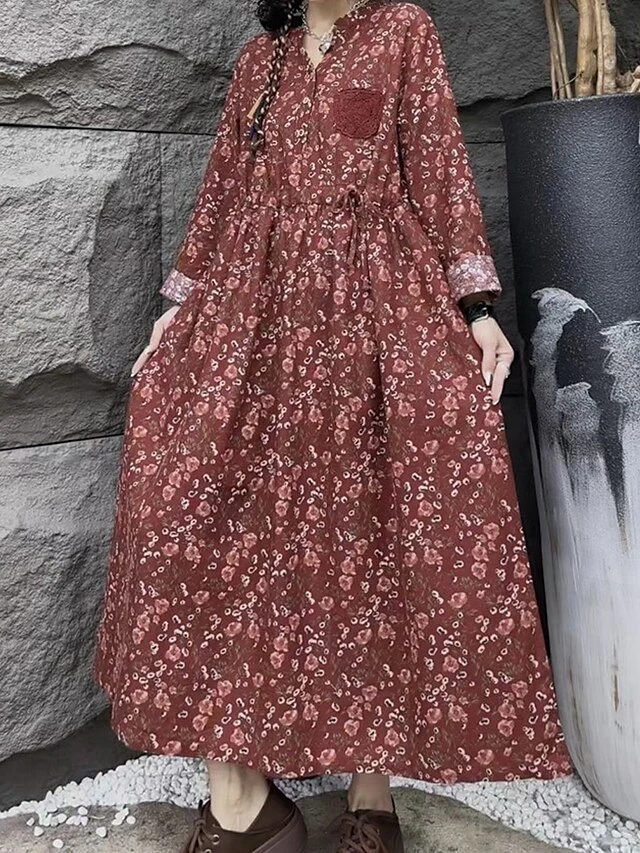 Women's Casual Dress Cotton Linen Dress Swing Dress Maxi Long Dress Linen Cotton Blend Daily Casual Outdoor Daily Vacation Split Neck Button Print Long Sleeve Spring Fall Winter 2023 Loose Fit Wine 4 Women's Casual Dress Cotton Linen Dress Swing Dress Maxi Long Dress Linen Cotton Blend Daily Casual Outdoor Daily Vacation Split Neck Button Print Long Sleeve Spring Fall Winter 2023 Loose Fit Wine - Image 4