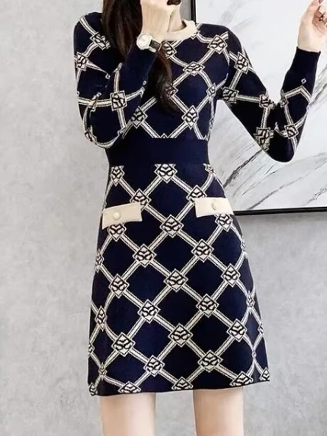 Women's Jumper Dress Knit Dress Midi Dress Daily Houndstooth Casual Daily Turtleneck Long Sleeve Patchwork 2023 Regular Fit Blue One Size 2 Women's Jumper Dress Knit Dress Midi Dress Daily Houndstooth Casual Daily Turtleneck Long Sleeve Patchwork 2023 Regular Fit Blue One Size - Image 2