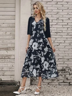 Women's Two Piece Dress Set Casual Dress Chiffon Dress Outdoor Daily Fashion Elegant Print Midi Dress V Neck Half Sleeve Floral Regular Fit Black Pink Gray Summer Spring S M L XL XXL