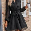 Women's Work Dress Casual Dress Sheath Dress Fashion Office Daily Workfashion Mini Dress Lace Up Ruched V Neck Long Sleeve Plain Loose Fit Black Wine Apricot Fall Winter S M L XL