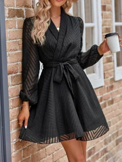 Women's Work Dress Casual Dress Sheath Dress Fashion Office Daily Workfashion Mini Dress Lace Up Ruched V Neck Long Sleeve Plain Loose Fit Black Wine Apricot Fall Winter S M L XL