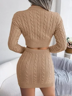 Women's Two Piece Dress Set Casual Dress Sweater Dress Daily Holiday Fashion Streetwear Ribbed Mini Dress Crew Neck Long Sleeve Plain Slim White Pink Khaki Fall Winter S M L -Party Prom Dresses Sales Store jrbpbk1695030773747
