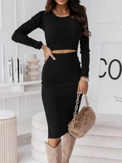 Women's Two Piece Dress Set Casual Dress Skirt Set Outdoor Daily Fashion Sexy Ribbed Midi Dress Crew Neck Long Sleeve Plain Regular Fit Black Wine Green Fall Winter S M L XL -Party Prom Dresses Sales Store jryxji1695268228572