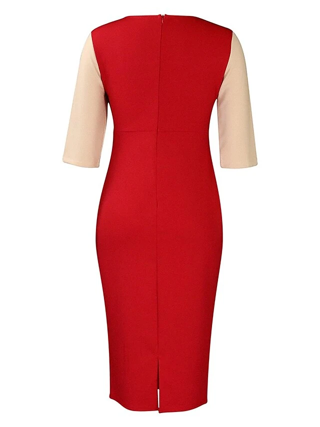 Women's Work Dress Sheath Dress Semi Formal Dress Fashion Midi Dress Patchwork Crew Neck Half Sleeve Color Block Regular Fit Black White Red Fall Winter S M L XL XXL 11 Women's Work Dress Sheath Dress Semi Formal Dress Fashion Midi Dress Patchwork Crew Neck Half Sleeve Color Block Regular Fit Black White Red Fall Winter S M L XL XXL - Image 11