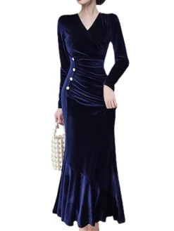 Women's Prom Dress Party Blue Dress Velvet Dress Long Dress Maxi Dress Blue Long Sleeve Pure Color Lace Up Fall Winter Autumn Crew Neck -Party Prom Dresses Sales Store jsxraf1695030104917