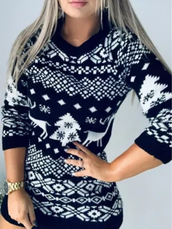 Women‘s Christmas Sweater Dress Jumper Dress Winter Dress Warm Geometric Tree Print Outdoor Christmas Casual Daily Crew Neck Long Sleeve 2023 Regular Fit Black Red Green S M L XL XXL -Party Prom Dresses Sales Store jsyhaf1694165718378