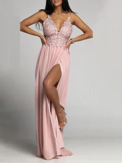 Women's Prom Dress Party Dress Lace Dress Long Dress Maxi Dress Pink Green Sleeveless Pure Color Lace Summer Spring Spaghetti Strap Party Birthday Wedding Guest Vacation 2023 S M L XL 2XL -Party Prom Dresses Sales Store jthumo1676886521761