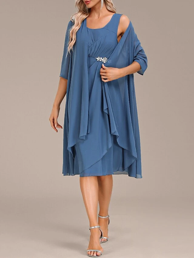 Women's Two Piece Dress Set Party Dress Chiffon Dress Party Wedding Guest Fashion Elegant Ruffle Midi Dress Crew Neck 3/4 Length Sleeve Plain Loose Fit Blue Fall Winter S M L XL XXL 2 Women's Two Piece Dress Set Party Dress Chiffon Dress Party Wedding Guest Fashion Elegant Ruffle Midi Dress Crew Neck 3/4 Length Sleeve Plain Loose Fit Blue Fall Winter S M L XL XXL - Image 2