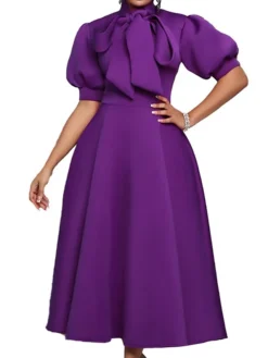 Women‘s Prom Cocktail Party Dress Wedding Guest Dress Swing Dress Long Dress Maxi Dress Purple Yellow Red Half Sleeve Pure Color Bow Spring Summer Stand Collar 2023 S M L XL XXL 3XL