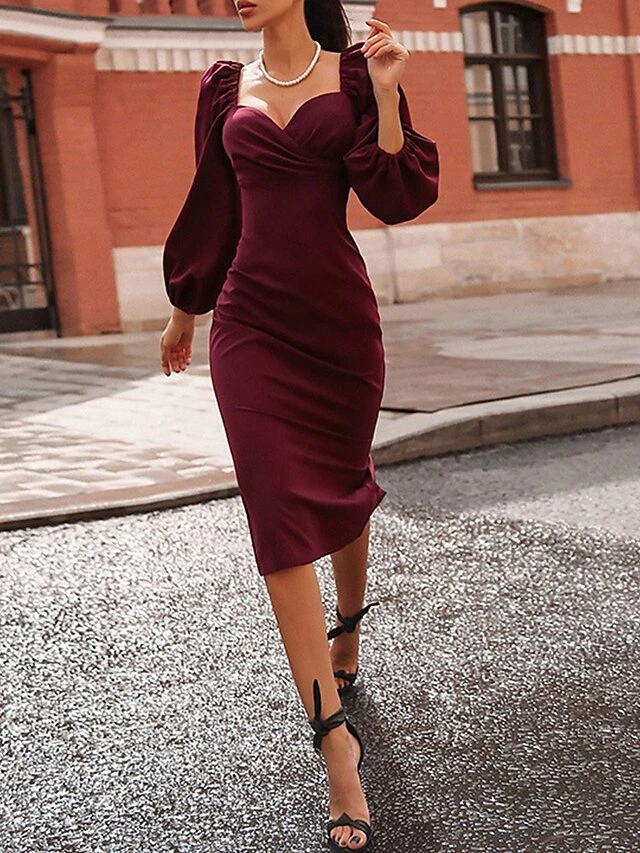 Women's Work Dress Sheath Dress Semi Formal Dress Fashion Winter Dress Office Daily Midi Dress Backless Off Shoulder Long Sleeve Plain Regular Fit Black Wine Fall Winter S M L 2 Women's Work Dress Sheath Dress Semi Formal Dress Fashion Winter Dress Office Daily Midi Dress Backless Off Shoulder Long Sleeve Plain Regular Fit Black Wine Fall Winter S M L - Image 2