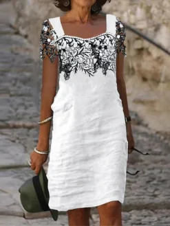 Women's Casual Dress Cotton Linen Dress Shift Dress Midi Dress Cotton Blend Fashion Modern Outdoor Daily Vacation Square Neck Lace Short Sleeve Summer Spring 2023 Regular Fit Black White Gray Leaf S -Party Prom Dresses Sales Store jttyty1682056856302
