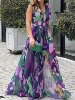Women's Prom Dress Party Dress Swing Dress Long Dress Maxi Dress Purple Sleeveless Color Block Pleated Spring Fall Winter V Neck Fashion Wedding Guest Birthday Evening Party 2023 S M L XL -Party Prom Dresses Sales Store juchdc1695205492828