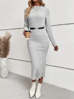 Women's Sweater Dress Winter Dress Jumper Dress Midi Dress Ribbed Outdoor Work Street Fashion Modern Crew Neck Long Sleeve 2023 Slim Light Grey Color S M L XL Size -Party Prom Dresses Sales Store juepzb1694594777367