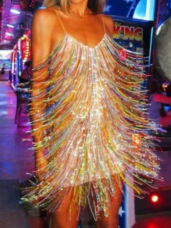 Women's Party Dress Fringe Dress Sequin Dress Mini Dress Colorful Sleeveless Multicolor Tassel Fringe Summer Spring Fall Spaghetti Strap Party Birthday Vacation Summer Dress 2023 S M L XL