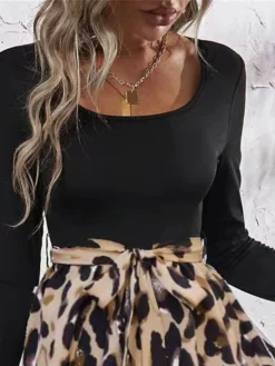 Women's Party Dress Cocktail Dress Semi Formal Dress Mini Dress Yellow Long Sleeve Leopard Print Fall Winter Autumn Crew Neck Fashion Winter Dress Wedding Guest Birthday 2023 S M L XL -Party Prom Dresses Sales Store jusjcn1695109893230