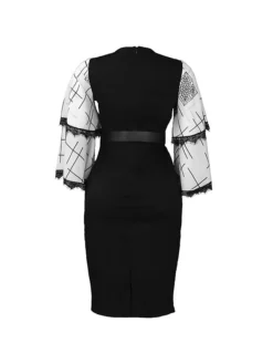 Women's Work Dress Casual Dress Black Dress Fashion Office Daily Workfashion Midi Dress Lace Up Mesh V Neck 3/4 Length Sleeve Color Block Regular Fit Black White Red Fall Winter S M L XL XXL -Party Prom Dresses Sales Store juvmmf1695645204897