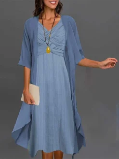 Women's Two Piece Dress Set Casual Dress Chiffon Dress Daily Vacation Fashion Elegant Twist Knot Front Midi Dress V Neck 3/4 Length Sleeve Plain Regular Fit Blue Green Summer Spring S M L XL XXL -Party Prom Dresses Sales Store jvajdj1681105563103