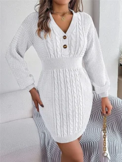 Women's Sweater Dress Winter Dress Jumper Dress Mini Dress Active Pure Color Outdoor Casual Holiday Vacation V Neck Long Sleeve Button 2023 Regular Fit White Pink Green S M L -Party Prom Dresses Sales Store jvifcr1696926547606