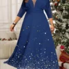 Women's Plus Size Prom Dress Party Dress Wedding Guest Dress Long Dress Maxi Dress Blue 3/4 Length Sleeve Pure Color Print Spring Fall Winter V Neck Fashion Wedding Guest Evening Party Fall Dress 2023