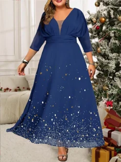 Women's Plus Size Prom Dress Party Dress Wedding Guest Dress Long Dress Maxi Dress Blue 3/4 Length Sleeve Pure Color Print Spring Fall Winter V Neck Fashion Wedding Guest Evening Party Fall Dress 2023