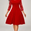 Women's Work Dress Party Dress Swing Dress Fashion Lace Sleeve Midi Dress Lace Square Neck 3/4 Length Sleeve Plain Slim Black Wine Red Summer Spring S M L XL XXL