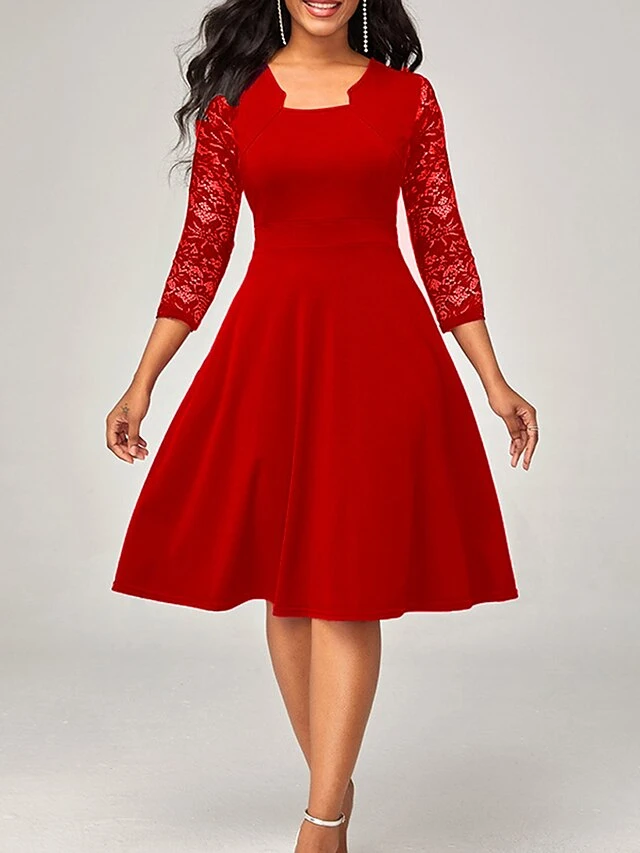 Women's Work Dress Party Dress Swing Dress Fashion Lace Sleeve Midi Dress Lace Square Neck 3/4 Length Sleeve Plain Slim Black Wine Red Summer Spring S M L XL XXL 1 Women's Work Dress Party Dress Swing Dress Fashion Lace Sleeve Midi Dress Lace Square Neck 3/4 Length Sleeve Plain Slim Black Wine Red Summer Spring S M L XL XXL