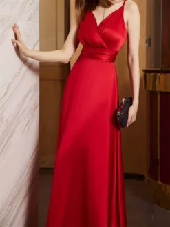 Women's Prom Dress Party Dress Satin Dress Long Dress Maxi Dress Champagne Pink Red Sleeveless Pure Color Backless Spring Fall Winter Spaghetti Strap Fashion Winter Dress Evening Party Wedding Guest -Party Prom Dresses Sales Store jvydec1692079362438