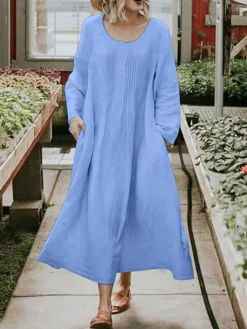 Women's Casual Dress Cotton Linen Dress Swing Dress Maxi Long Dress Linen / Cotton Blend Fashion Classic Outdoor Daily Vacation Crew Neck Ruched Pocket Long Sleeve Summer Spring Fall 2023 Loose Fit -Party Prom Dresses Sales Store jwayih1689325390126