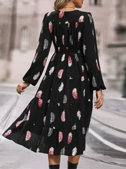 Women's Work Dress Casual Dress Swing Dress Fashion Winter Dress Daily Midi Dress Button Split V Neck Long Sleeve Print Regular Fit Black Fall Winter S M L XL -Party Prom Dresses Sales Store jwrqvx1695096212152