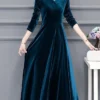 Women‘s Party Dress Wedding Guest Dress Velvet Dress Work Dress Midi Dress Black Wine Royal Blue Long Sleeve Pure Color Ruched Winter Fall Spring V Neck Fashion Spring Dress 2023 M L XL 2XL 3XL 4XL