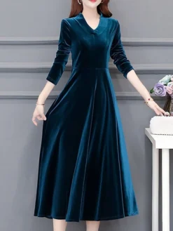 Women‘s Party Dress Wedding Guest Dress Velvet Dress Work Dress Midi Dress Black Wine Royal Blue Long Sleeve Pure Color Ruched Winter Fall Spring V Neck Fashion Spring Dress 2023 M L XL 2XL 3XL 4XL