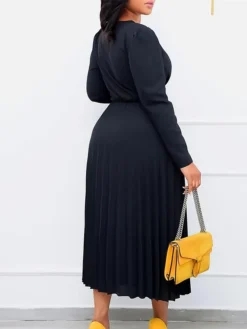 Women's Work Dress Sheath Dress Swing Dress Fashion Winter Dress Office Daily Midi Dress Lace Up Pleated V Neck Long Sleeve Plain Regular Fit Black Yellow Pink Fall Winter S M L XL XXL -Party Prom Dresses Sales Store jxspav1695027367502