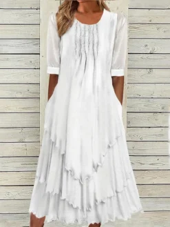 Women's Casual Dress Cotton Linen Dress Swing Dress Midi Dress Cotton Blend Basic Modern Outdoor Daily Crew Neck Pocket Layered Half Sleeve Summer Spring Fall 2023 Regular Fit White Plain S M L XL 2XL