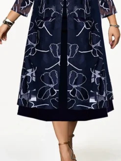 Women's Plus Size Two Piece Dress Set Casual Dress Chiffon Dress Outdoor Daily Fashion Elegant Print Midi Dress Crew Neck 3/4 Length Sleeve Floral Regular Fit Navy Blue Fall Winter L XL XXL 3XL 4XL -Party Prom Dresses Sales Store jyiezq1697003815067