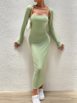 Women's Two Piece Dress Set Casual Dress Sheath Dress Outdoor Daily Fashion Streetwear Ribbed Midi Dress Square Neck Long Sleeve Plain Slim Black Blue Brown Fall Winter S M L XL -Party Prom Dresses Sales Store jysqkj1695268289678