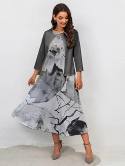 Women's Two Piece Dress Set Casual Dress Swing Dress Outdoor Office Fashion Streetwear Print Midi Dress Crew Neck 3/4 Length Sleeve Leaf Regular Fit Yellow Green Gray Fall Winter S M L XL XXL -Party Prom Dresses Sales Store jyuayc1697681155712